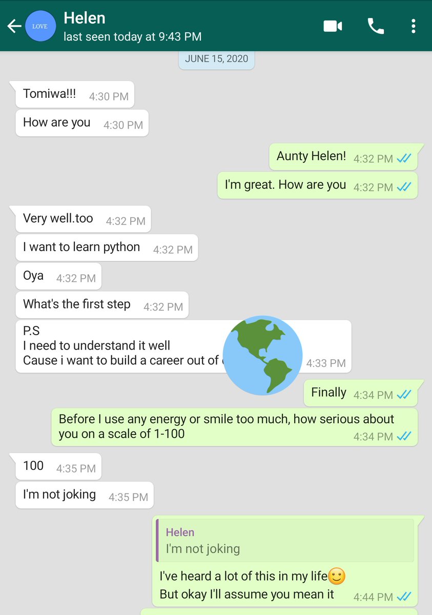 A friend of mine reached out to me weeks ago. Her name is Helen.She decided to go into programming as she felt she would really love to build a career from a very promising field and reached outGuess the first question I asked her?how serious about you on a scale of 1-100?