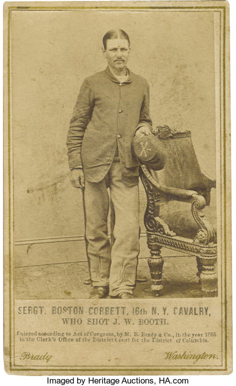 "Upon leaving the War Department, Corbett was greeted by a cheering crowd. As he made his way to Mathew Brady's studio to have his official portrait taken, the crowd followed him asking for autographs."