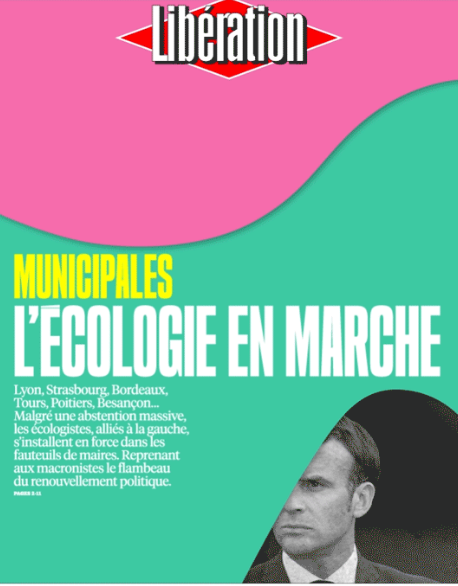 Liberation (France's main left-leaning daily) makes its cover page the Green Wave.Headline: "Ecology is on the Move [En Marche]"That's a play on "En Marche", which is the name of the party that Emmanuel Macron created. A name grounded in Macron's initials (EM), bc of course.