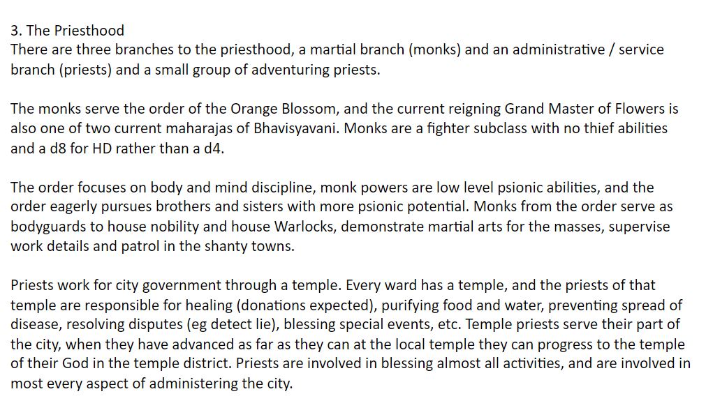 I break the priesthood down into “temple” priests, adventuring priests and monks. All priests are freecasters, so they can cast up to their limit in spells without choosing ahead of time, and monks are a fighter subclass with higher HD, better to hit and no thief skills