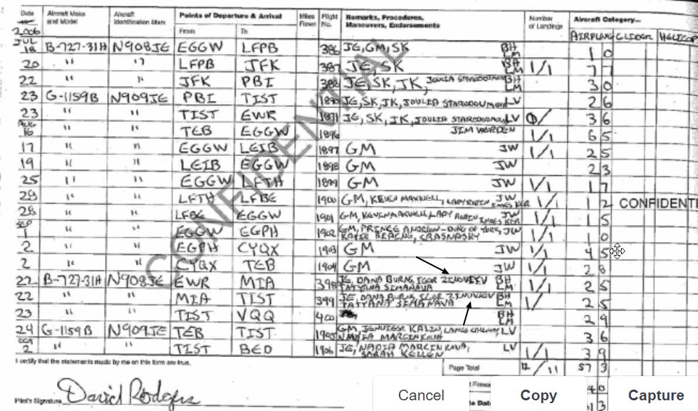 A few of his flight log appearances here. From Newark to Miami with Dana Burns, Tatiana Simonova, and Epstein. And from Miami to St. Thomas with the same people in 2006.Right pic from 2007Newark to St. Thomas with Epstein, Andrew Farkas, Jennifer Kalin and Nadia Marcinko.