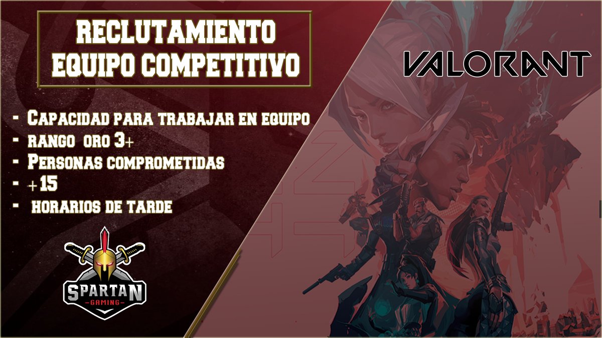 📢Estamos en busca de jugadores para nuestro equipo competitivo de <a href="/VALORANTLATAM/">VALORANT</a>

✅Capacidad para trabajar en equipo
✅Personas comprometidas
✅+15
✅Rango Oro 3+

➡️Interesados escribir al MD

Te esperamos!.. 🤙🔝

#Valorant
#LATAM 
#TeamSG
#eSports 
#Competition
