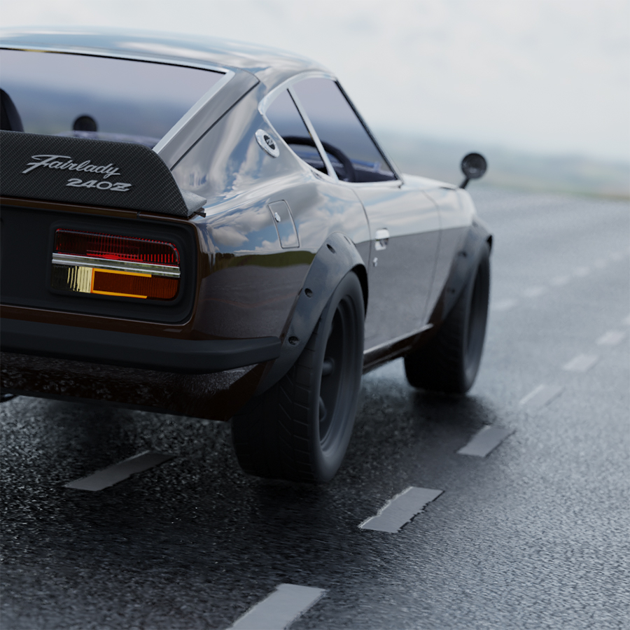 zenmai_gunso's tweet photo. チュートリアル見ながら作り続けてた240Zが完成。車体色はもう少し明るいマルーンだけど、個人的にはこれくらいの色味がかっこいいと思ってる。@vary_valor @yakinikumonjya @yonaoshijustice @MLChyoutube1の方々の解説はとても参考になり、この場を借りてお礼申し上げます。　#blender #b3d https://t.co/97pJPC4dp3