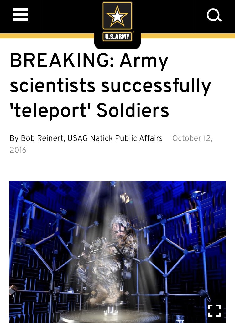 And... I’m going to try not to shit my pants, but I just saw something that I thought was a joke at first!  “Army scientists have successfully "teleported" a fully equipped squad from a Massachusetts research and development facility to a training area in Germany...” 