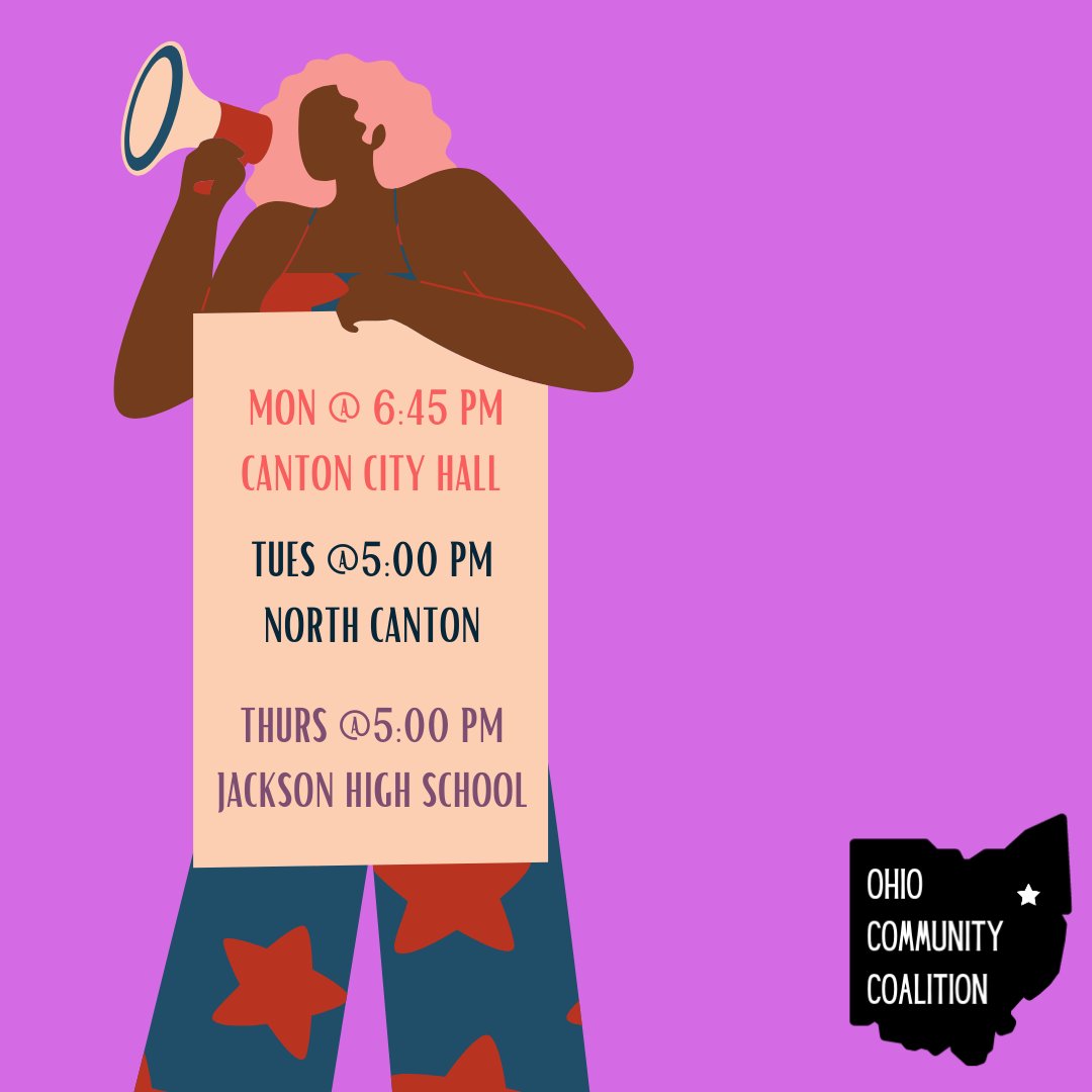 THIS WEEK'S SCHEDULE:

Monday - 6:45 pm - Canton City Hall
218 Cleveland Ave SW, Canton, OH 44702

Tuesday - 5 pm - North Canton Protest
1102 North Main Street

Thursday - 5 pm - Jackson Township Protest
Jackson High School - 7600 Fulton Dr NW, Massillon, OH 44646