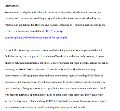 4/n The researchers randomized people in Oslo to either go to their gym or not for 2 weeks, gave everyone detailed advice on how to avoid COVID-19 infections, and looked at what happened