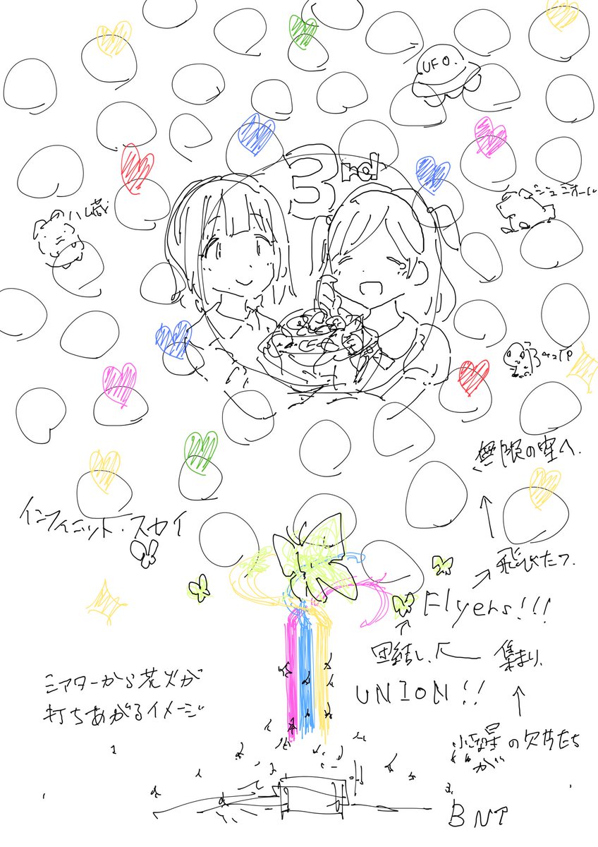 草案とラフ。2枚目と3枚目の間でアイドルをリボンのグラデーションで並べたり関係性で何パターンか並べ替えたり悩みまくった 