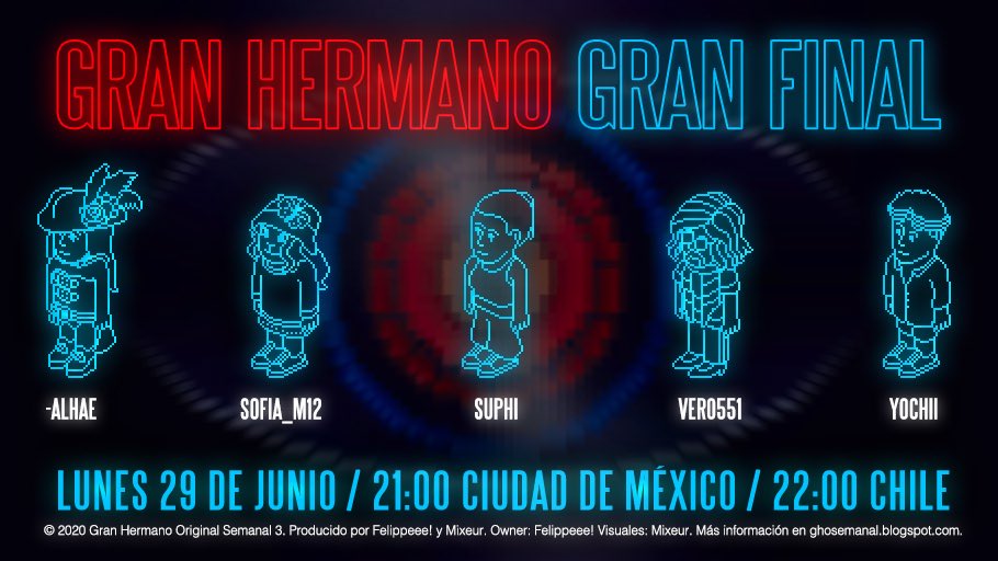 FelippeeeGH's tweet photo. ¡GRAN FINAL DE GRAN HERMANO ORIGINAL SEMANAL!👁
LUNES 29 DE JUNIO
🇨🇱: 22:00 HORAS
TOD@S INVITAD@S ¡Ven a apoyar a tu favorit@!
@AlhaeHabbo @Sofia_M12ES @Verisime #Suphi #Yochii
Manda petición a placa que estoy usando para ingresar ♥️
Votaciones en https://t.co/MC0Vv4hMpD https://t.co/BdgjeVbXm1
