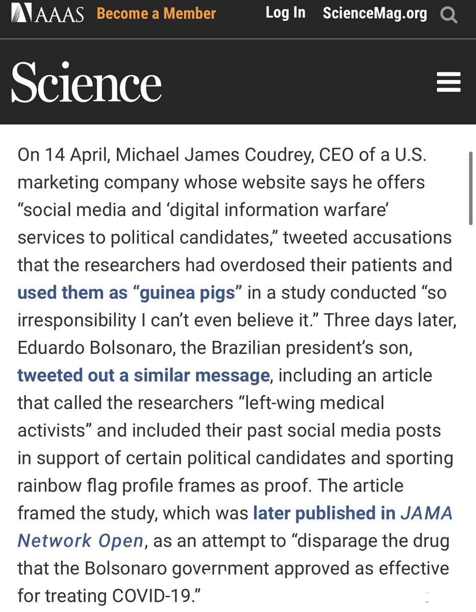 BREAKING: We did it!Federal prosecutors in Brazil have officially launched an investigation into practices during the clinical trial in Brazil, where researchers gave patients excessively high doses of Hydrochloroquine which resulted in deaths, then claimed it was ineffective.  https://twitter.com/michaelcoudrey/status/1250161152971042817