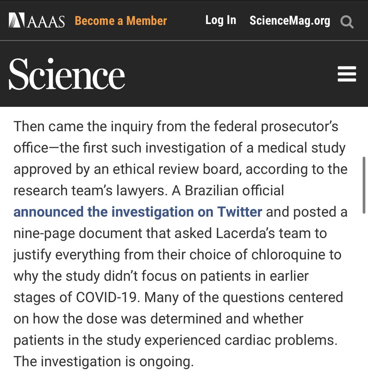 BREAKING: We did it!Federal prosecutors in Brazil have officially launched an investigation into practices during the clinical trial in Brazil, where researchers gave patients excessively high doses of Hydrochloroquine which resulted in deaths, then claimed it was ineffective.  https://twitter.com/michaelcoudrey/status/1250161152971042817