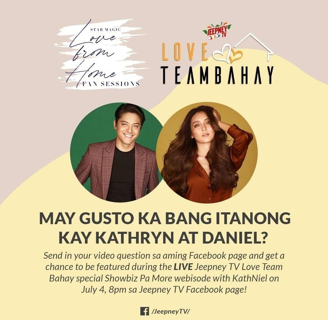 DJFPchildSmile's tweet photo. May gusto ka bang itanong kina Kathryn at Daniel? Magsend lang ng video question sa Jeepney TV Facebook page para sa chance na mafeature sa Jeepney TV Love Team Bahay special LIVE webisode ng Showbiz Pa More kasama ang KathNiel sa July 4, 8PM sa Jeepney TV FB page! 

(x) https://t.co/YEz5cpu1EW