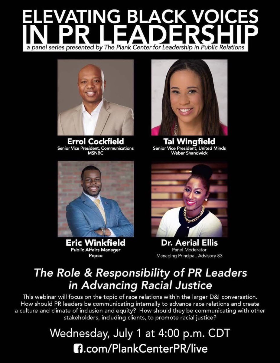 wsuprssa's tweet image. Join a conversation presented by The Plank Center for Leadership in Public Relations to learn more about advancing racial justice as a PR leader.