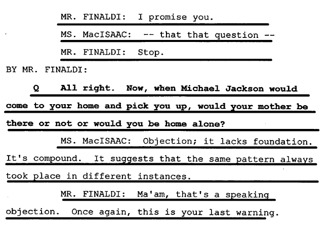 Following this, much of the remainder of Yoshi's deposition was back-and-forth feuds between MacIsaac and Finaldi.MJ's side objected to compound questions and other grounds, Finaldi acted like he was being personally attacked from her remarks.
