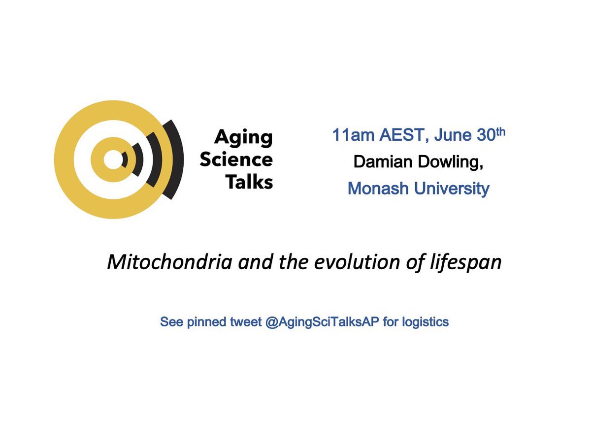 AgingSciTalksAP's tweet photo. Join us for our next Ageing Science Talk online, tomorrow, Tuesday 30th June, 11am AEST - Damian Dowling, Monash University - ‘Mitochondria and the evolution of lifespan’
@AgingSciTalks @AgingSciTalksAP @AgingSciTalksEU @MonashBiol @DK_Dowling https://t.co/Y5Njo6TYFF