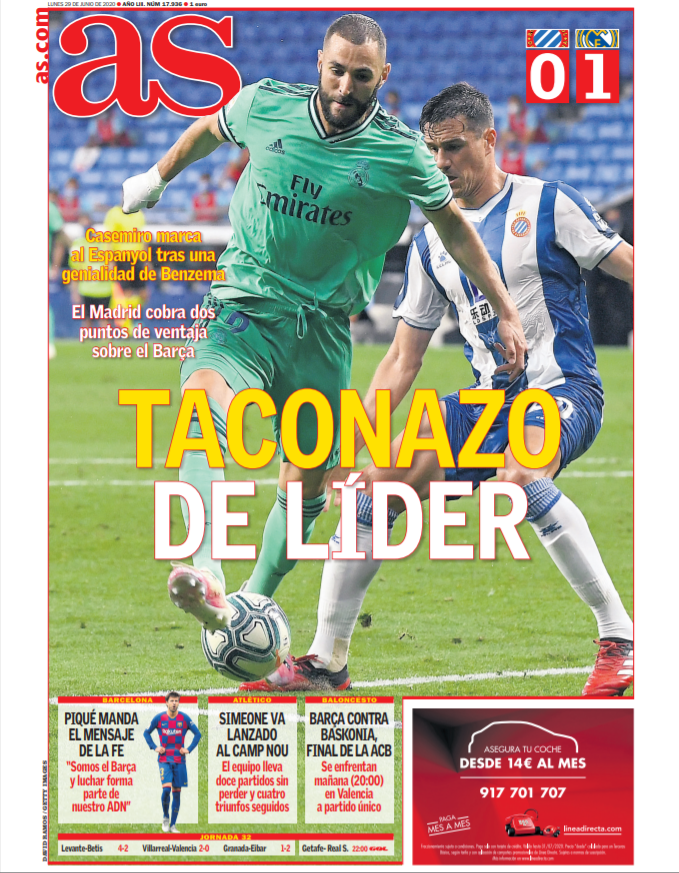 L'Equipe: Real Madrid inspired by the genius of Benzema whose decisive pass puts Real Madrid in an ideal position. MARCA: Casemiro & Benzema brilliance put Real on top! AS: Backheel of a leader! Karim's artistry to Casemiro puts Madrid 2pts above Barca.