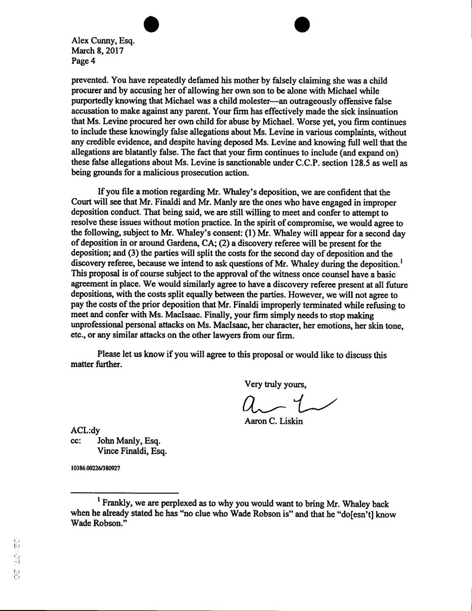 Following his failed depo, estate sent Finaldi this scathing 4-page letter."Your colleagues have badgered witnesses whenever they give testimony that doesn't comport w/ Wade's absurd allegations. We'd be delighted to bring that childish behavior to the Court’s attention..."