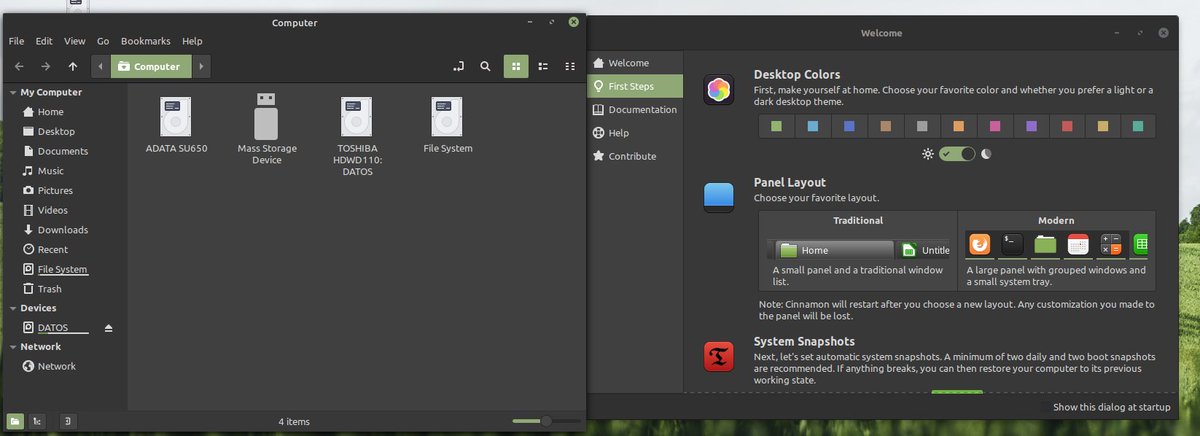 frideldev's tweet image. Para los que nos gusta los temas dark , desde el inicio linux mint 20 te da opcion para que se coloque todo el sistema en color negro #LinuxMint20