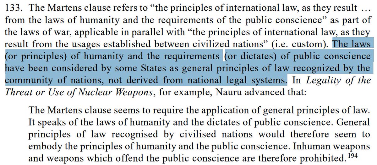 Close to my heart, the SR appears to endorse the view that the Martens clause recognizes of general principles of law applicable in armed conflict, in addition to custom. 6/