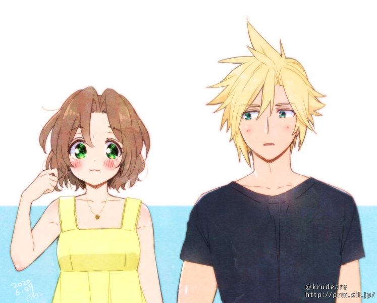 aerith gainsborough ,cloud strife 1girl 1boy shirt spiked hair parted bangs blonde hair yellow dress  illustration images