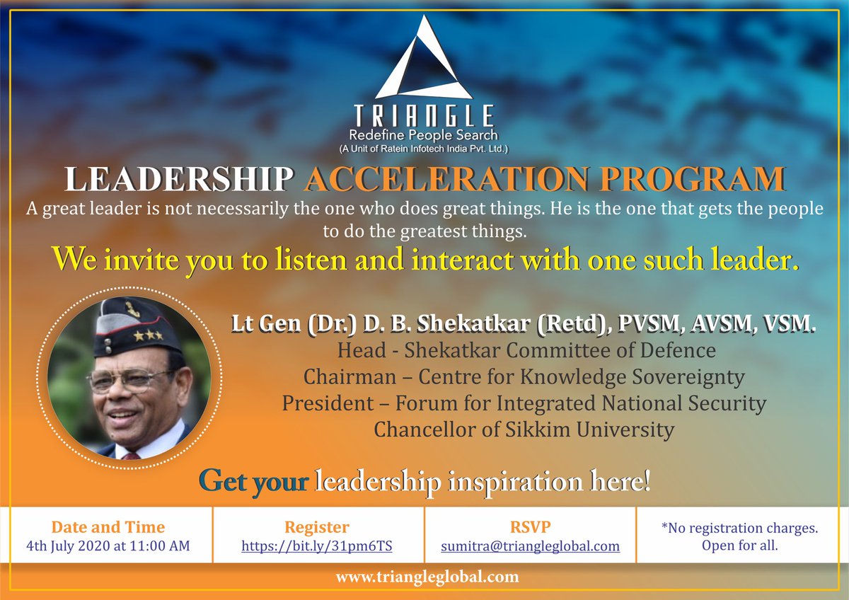 sumitragoenka's tweet photo. Do join this session and listen to Lt Gen Dr D B Shekatkar . Register for free on https://t.co/asAOEctVnc Saturday 4th July 2020 at 11am . @Triangle_LAP #TriangleLAP @UmaSudhindra @Ptr6Vb @TriangleGlobal1 @triangleglobal8 @vinitgoenka @RateinIndia #leadershiptalk #Leadership https://t.co/Mre87VVNW9