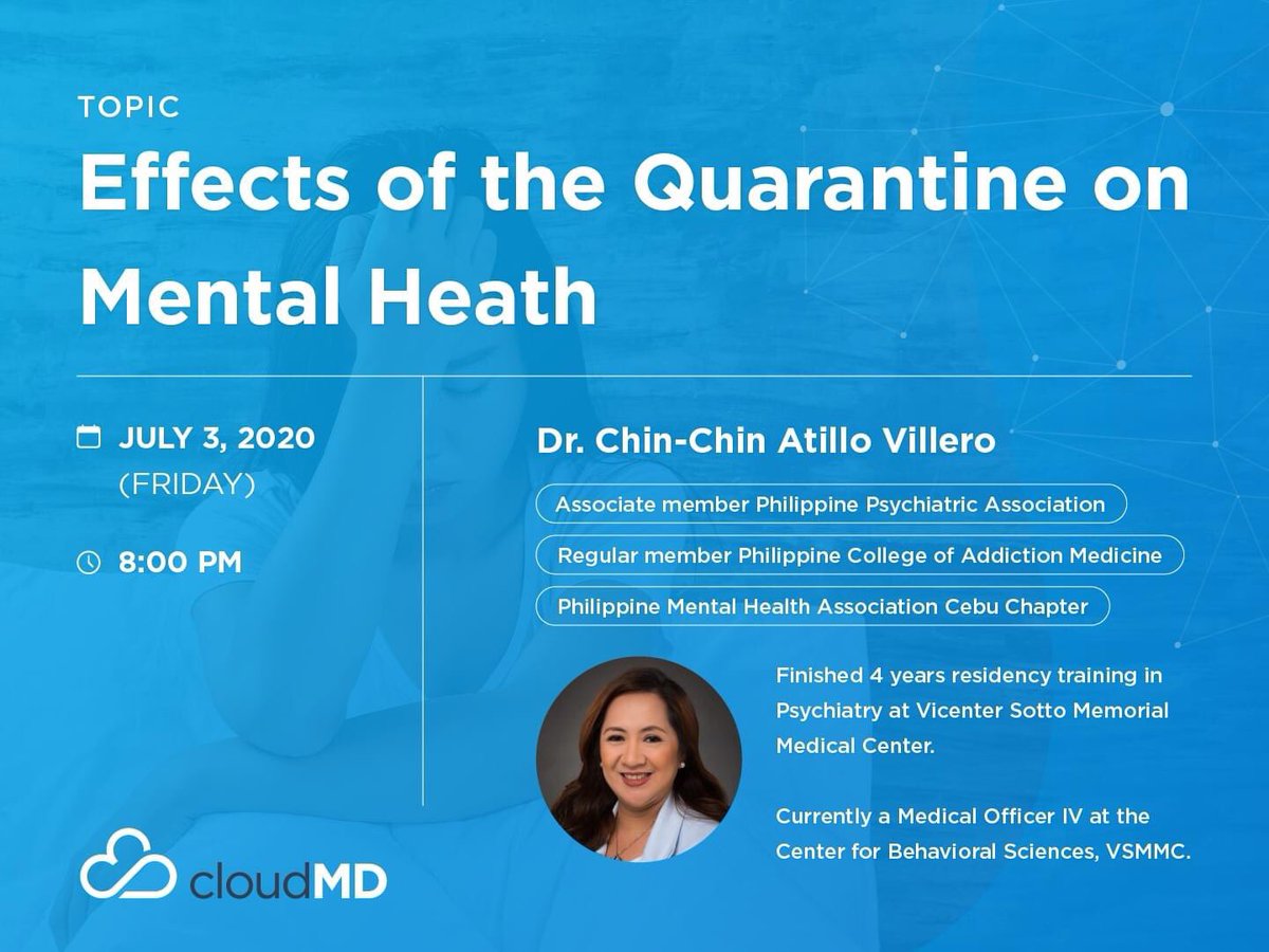 CloudMDPage's tweet photo. Join us this coming Friday, July 3 as we talk about Mental Health during these unprecedented times with Dr. Chin-Chin Villero. 

Everyone is invited to tune in during our live interview on our Facebook Page (https://t.co/YcPIqSe0r7) &amp; ask questions. See you there! https://t.co/Ap3veIcUa0