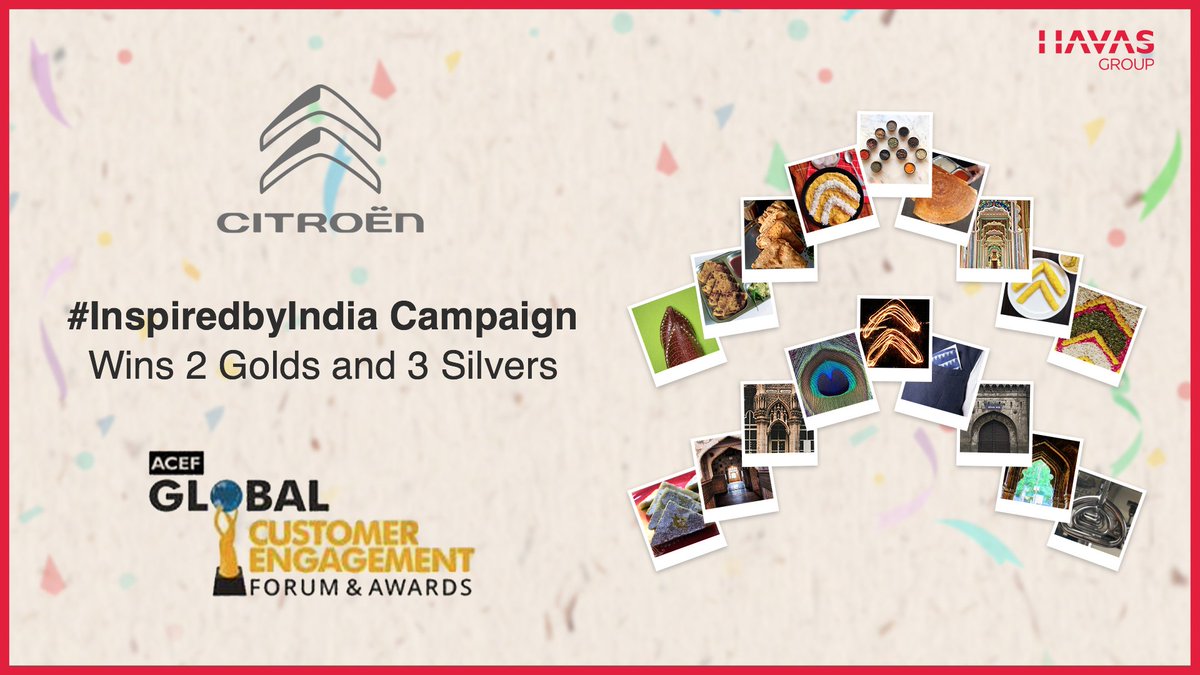 Congratulations team on an impressive 2 Golds & 3 Silvers for @CitroenIndia #InspiredByIndia campaign @acef_apac 9th Global Customer Engagement Award 2020 across Digital Marketing, Mobile Marketing, Word of Mouth Marketing & Online Media categories. #HavasWins #HavasProud