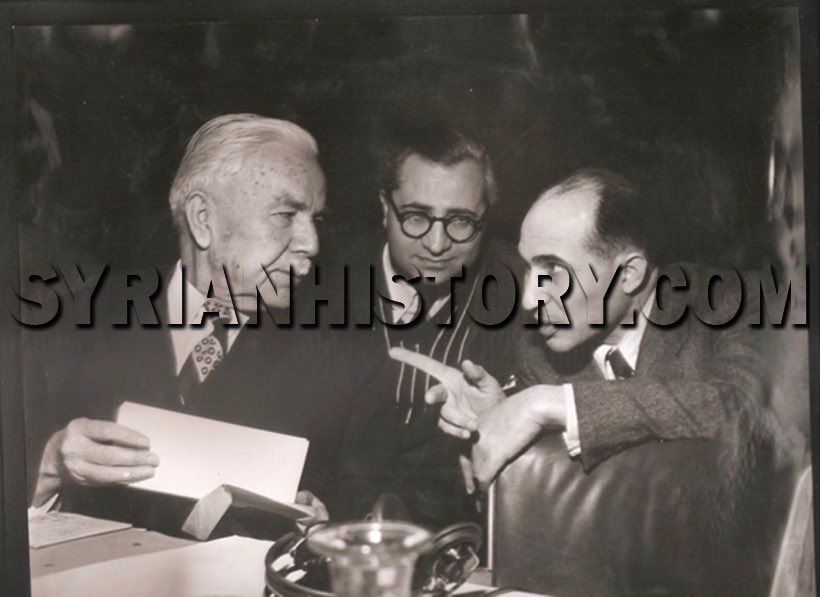 21) Prime Minister Fares al-Khury at the UN in 1946.From left to right: Fares al-Khury, Secretary-General of the Syrian Presidency Issam al-Inklizi, Egyptian Ambassador to the UN Mahmud Fawzi. #Syria  #UnitedNations  #UN  #NewYork