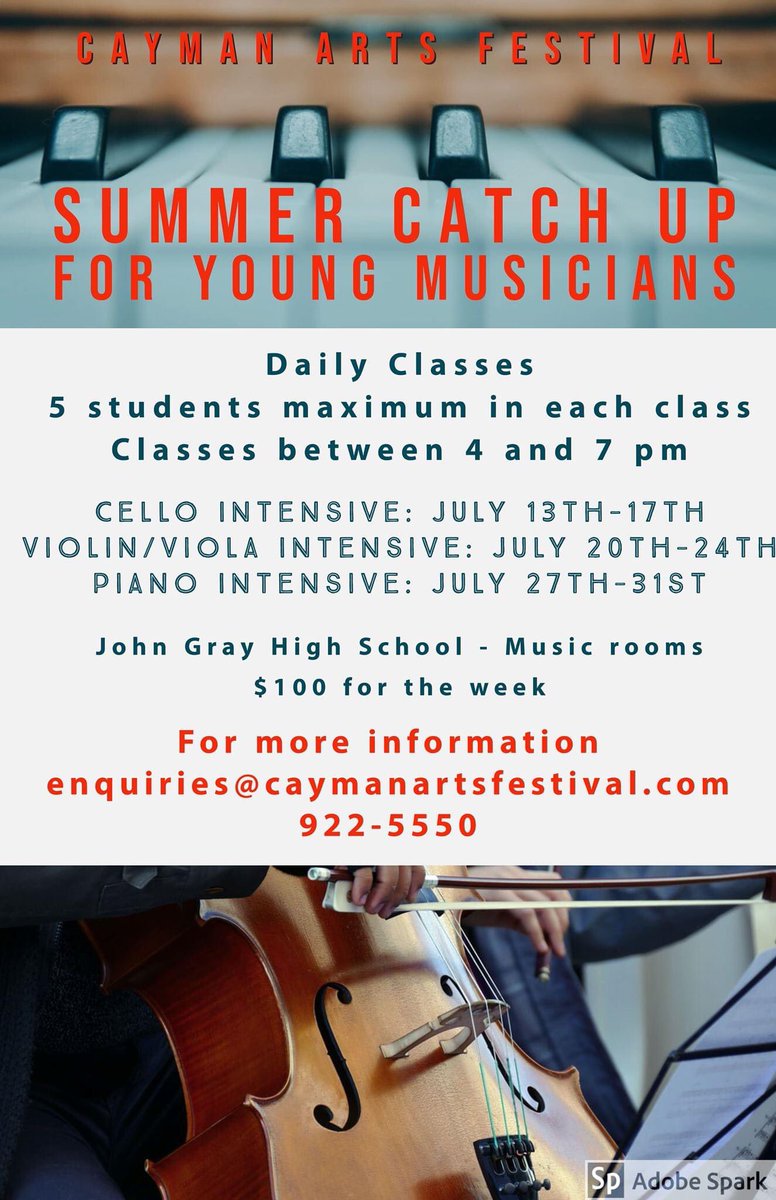 Cayman Arts Festival will host intensive music classes for young musicians in July.

Please see the below flyer for more details. Feel free to like and share.