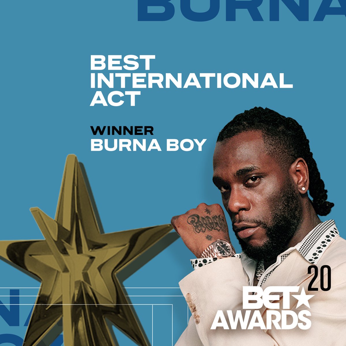 MTVBaseWest's tweet photo. Congratulations to @burnaboy for winning the 2020 BET Best International Act award. 🇳🇬 Nigeria standup 🙌🏾 #BETAwards 

Catch this moment again tonight @ 7:00pm WAT on channel 129 https://t.co/BQALXuK55o