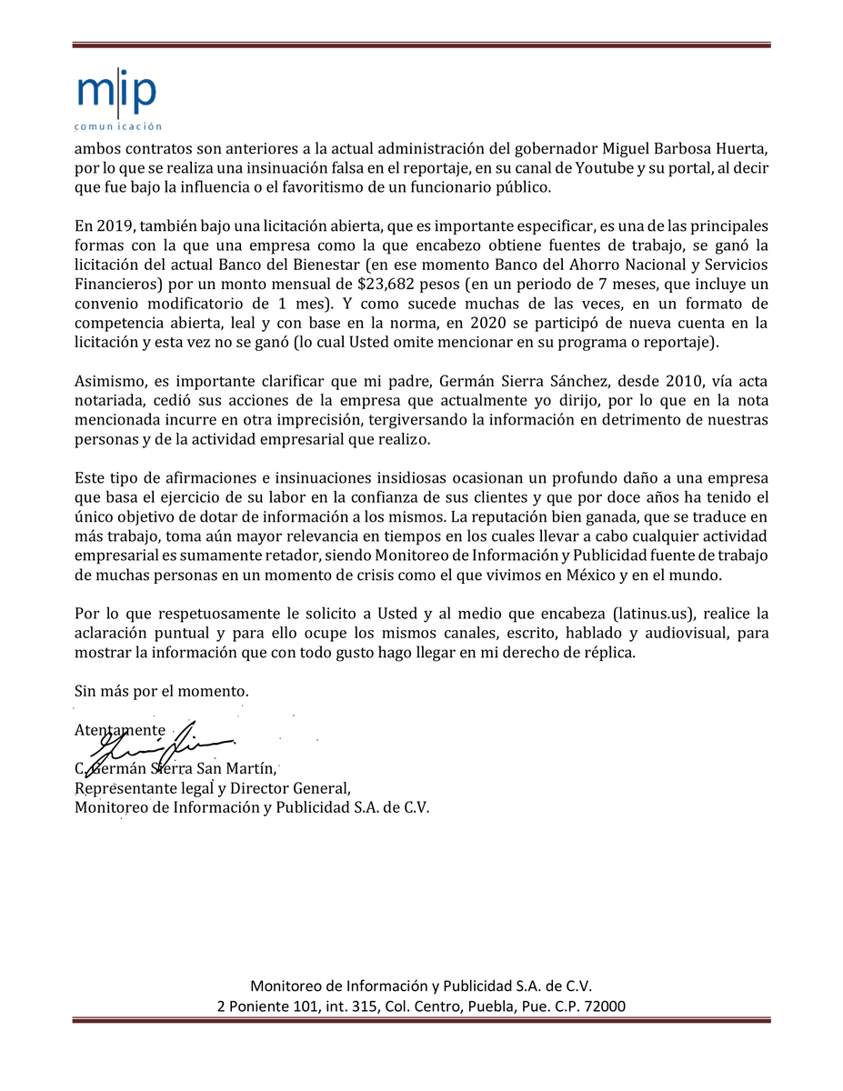 MediaPuebla's tweet photo. Respecto a la información difundida por @latinus_us en sus capítulos 1 y 4, señor @CarlosLoret, se mencionó a la empresa que encabezo “Monitoreo de Información y Publicidad SA de CV” de la cual no son socios ni Gabino, ni Zoé Robledo. Abro hilo: https://t.co/chS9kAOkPl