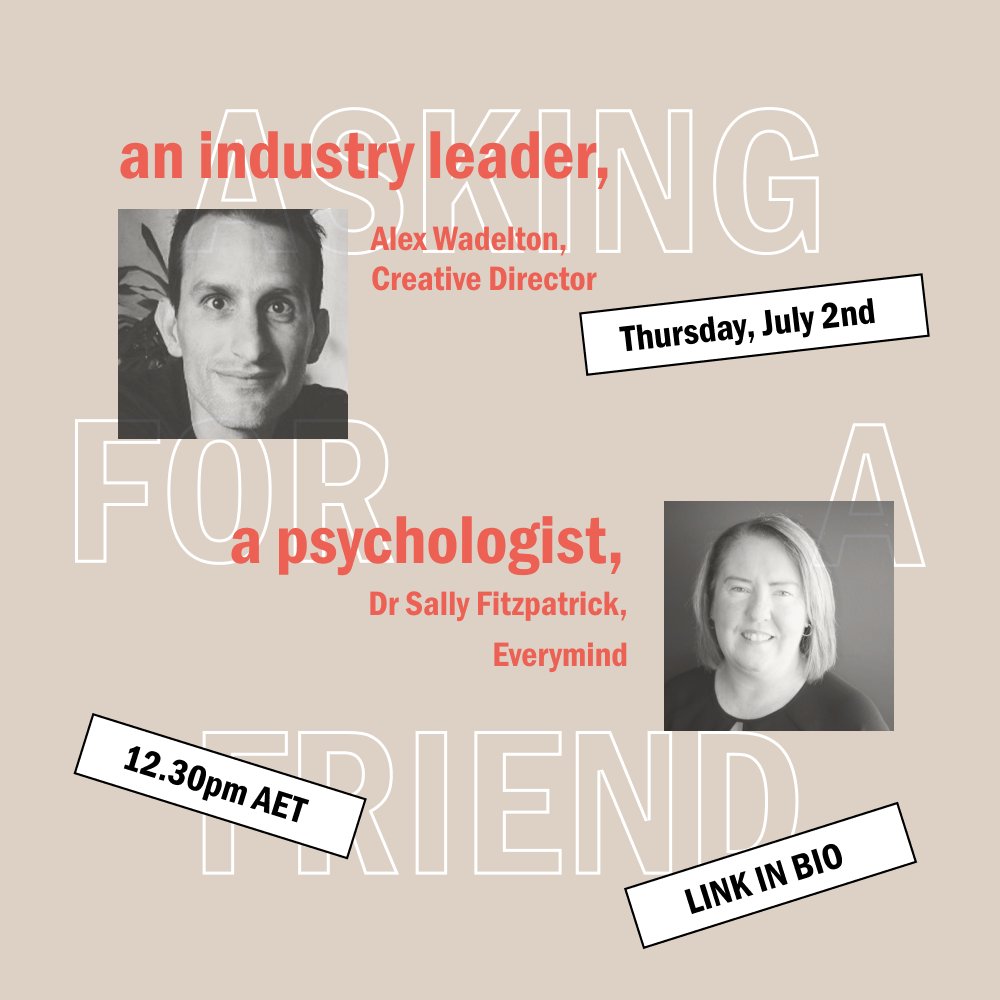 Don’t miss <a href="/EverymindAU/">Everymind</a>’s A/ Program Manager, @DrSally_Fitzpat at this week’s Asking For A Friend online event on ‘Finding Meaning &amp; Purpose’ to support people in the creative industry. Learn more and register: ow.ly/Kacb50Ag7ui <a href="/nvrnotcreative/">Never Not Creative</a>