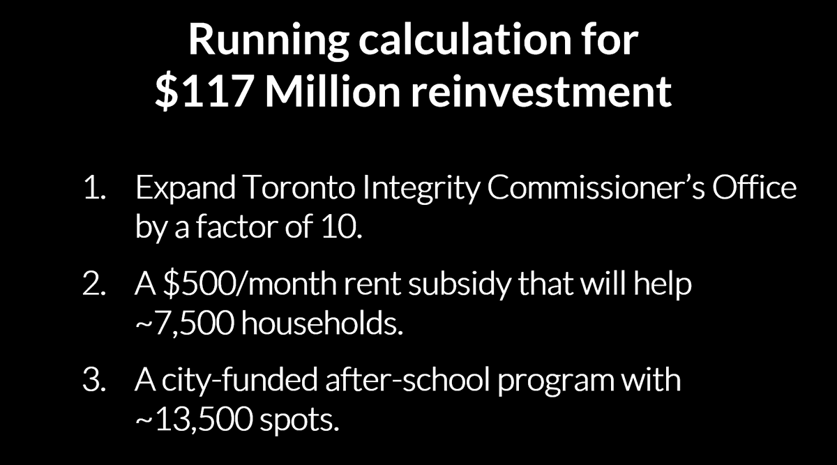To summarize. $117 Million can potentially get1) An Integrity Commissioner’s office 10x its current size2) ~7,500 racialized households access to a substantial rent subsidy3) ~13,500 racialized school children a city-funded spot in an after-school program #TOpoli  #BLM 9/12