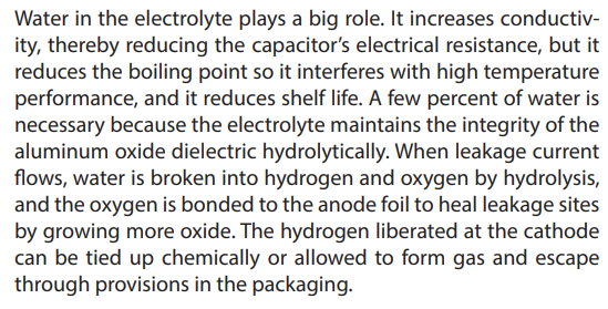 anyway, after being impregnated with electrolyte, the capacitors are inserted into the aluminum cans and then closed with rubber plugs. the rubber plug keeps the electrolyte in but allows gas to escape. yes, these capacitors generate hydrogen gas during normal operation!