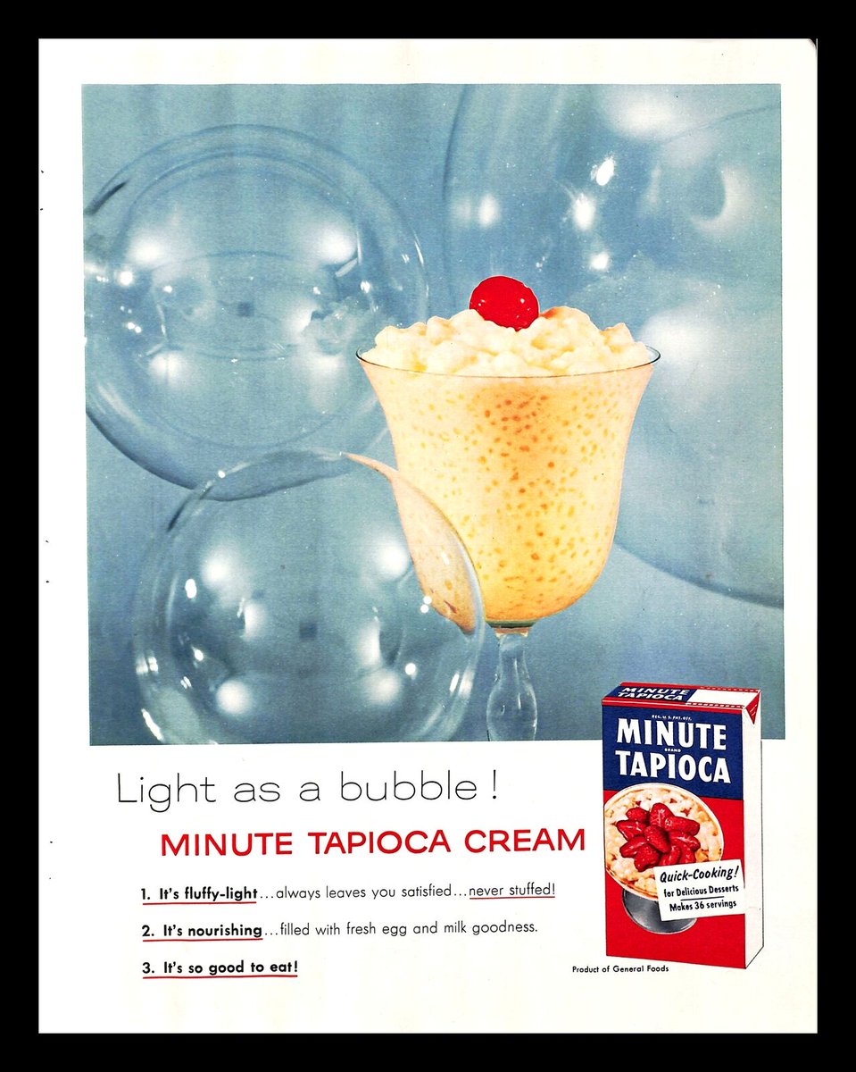 #NationalTapiocaDay 

1954, Minute Tapioca Cream Dessert #VintageAd 

#1950s #Dessert