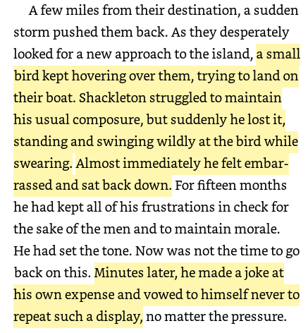 13/ For Shackleton though, this was not an option. He needed to hide all his own doubts and fears and let his optimism show – even if he had to fake it. Else, he could lose the crew's faith.But the cracks did show. And when they did, he handled them with utmost grace: