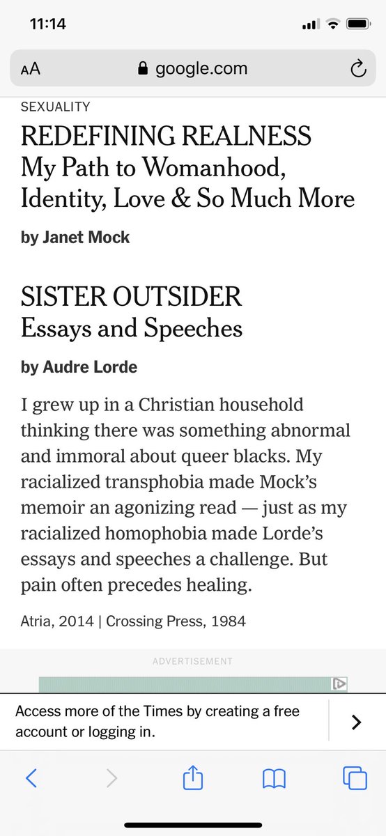 he does not rigorously interrogate his own sexism, homophobia, & transphobia. this is evident in his later writings about Black queer and trans women. here is a screenshot from a NYT anti-racist reading list. this is transmisogynoir disguised as "self-reflection."