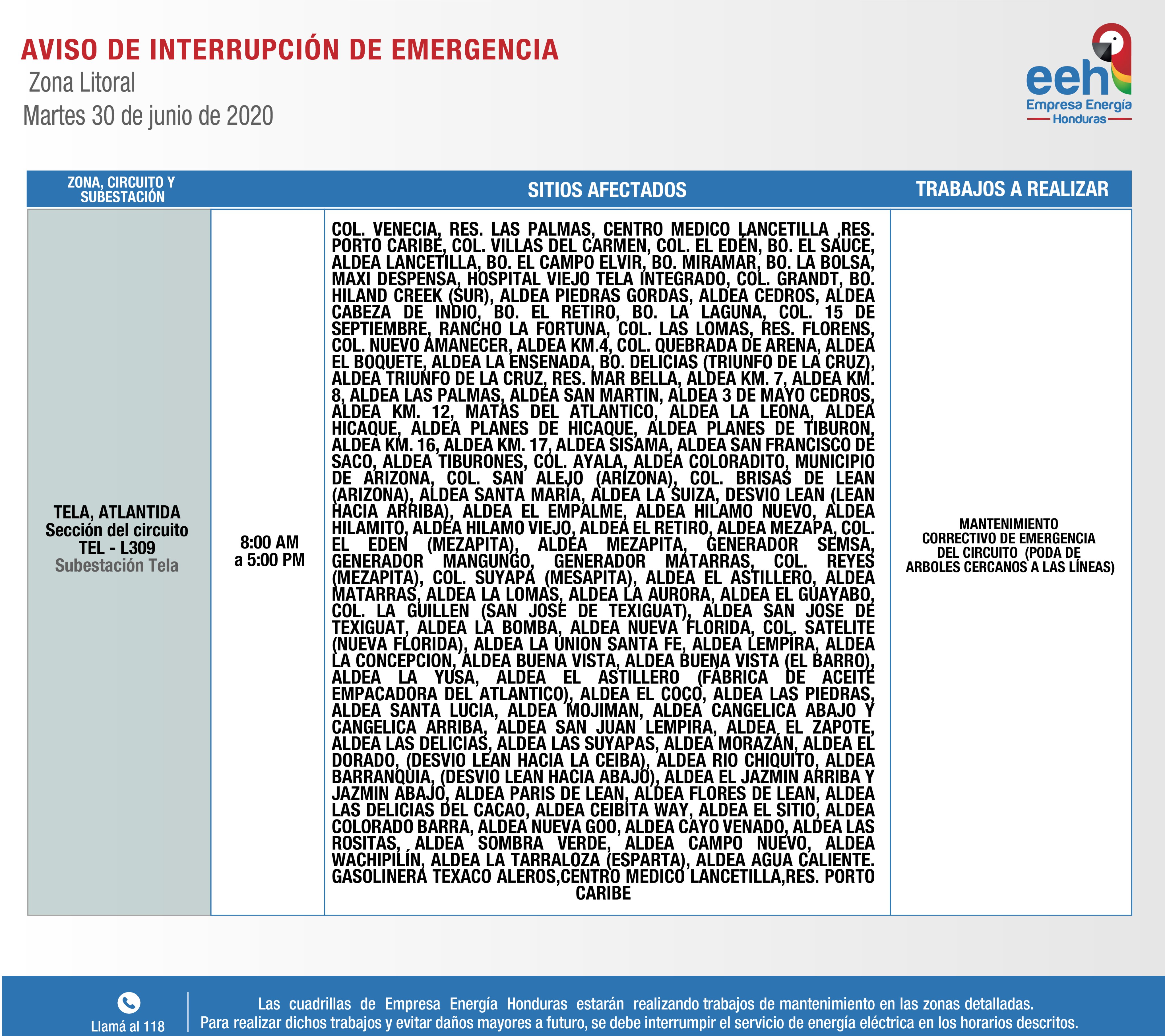 Varios barrios y colonias estarán sin energía eléctrica en Tela, Altlántida y El Progreso este 30 de junio.  