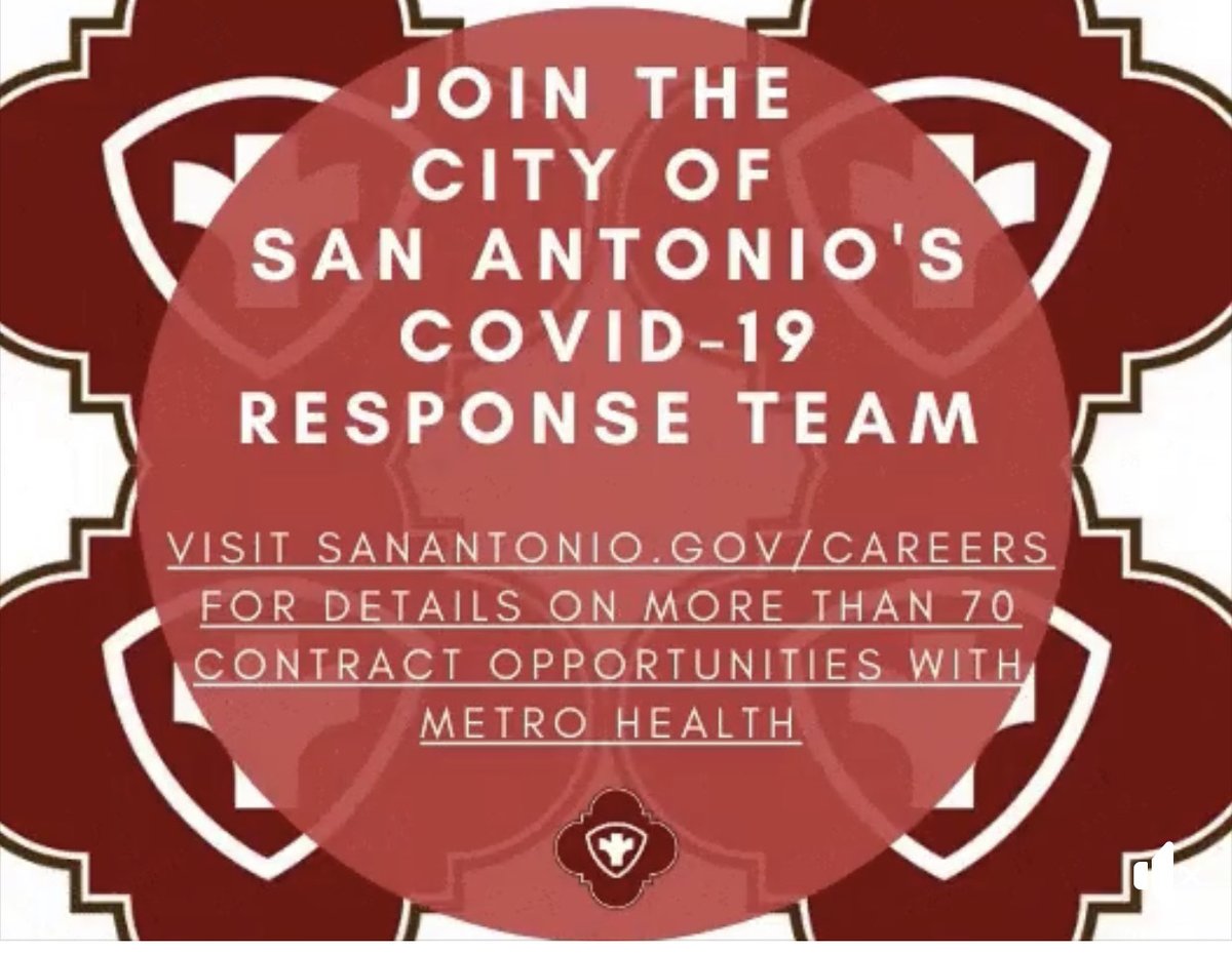 SAMetroHealth's tweet photo. The City of San Antonio’s Metro Health Department is looking for individuals to work in a variety of temp positions alongside our COVID-19 Response Team. @COSAGOV
For more info about our 70+ contract job opportunities, visit https://t.co/OUl6NLejRb…
#SAMetroHealth #COVID19 https://t.co/UXeITY9sUC