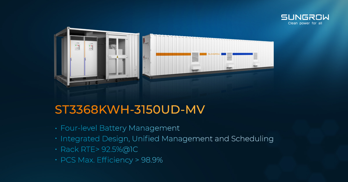Sungrow_Power's tweet photo. ST3368kWh-3150UD-MV - A “3MW-1 Hour” system designed for utility-scale applications is also being showcased at #SmartEnergyVirtualShow. With the all-in-one integrated design, the solution is easy for installation and O&M. https://t.co/Z7Wr4i1SKL