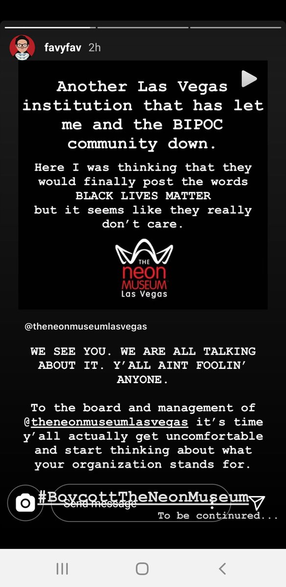 OyVegas's tweet photo. Don't know the nuance, but when local authority (and force of cultural and artistic good) @FavyFav calls for a boycott of @NeonMuseum, it is necessary to amplify and call on the board for a direct response. #BLM is not a messaround in the cultural corridor. https://t.co/nSWcNPi8Xf