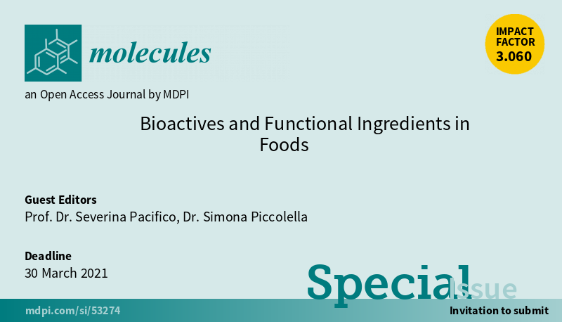 Molecules_MDPI's tweet image. 📢 New Special Issue Open for Submissions: Bioactives and Functional Ingredients in Foods
✏️ Guest edited by Prof. Dr. Severina Pacifico and Dr. Simona Piccolella
🔗 mdpi.com/journal/molecu…
📌 #FoodBioactives #PlantSecondaryMetabolites #ExtractionProcedures