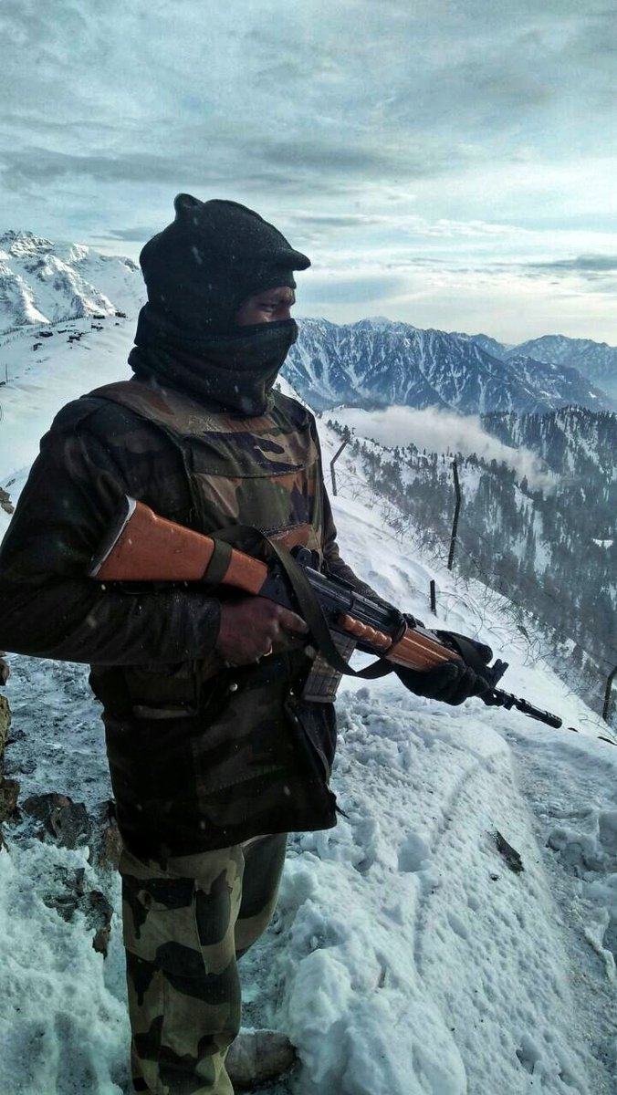BSF_India's tweet photo. Among icy heights somewhere along the Line of Control, BSF troops on vigil braving all odds &amp; elements.

They are the #FirstLineofDefence

#AjeyaPrahari #JaiHind #Kashmir #NationFirst @BSF_Kashmir https://t.co/ka7njwGlVA