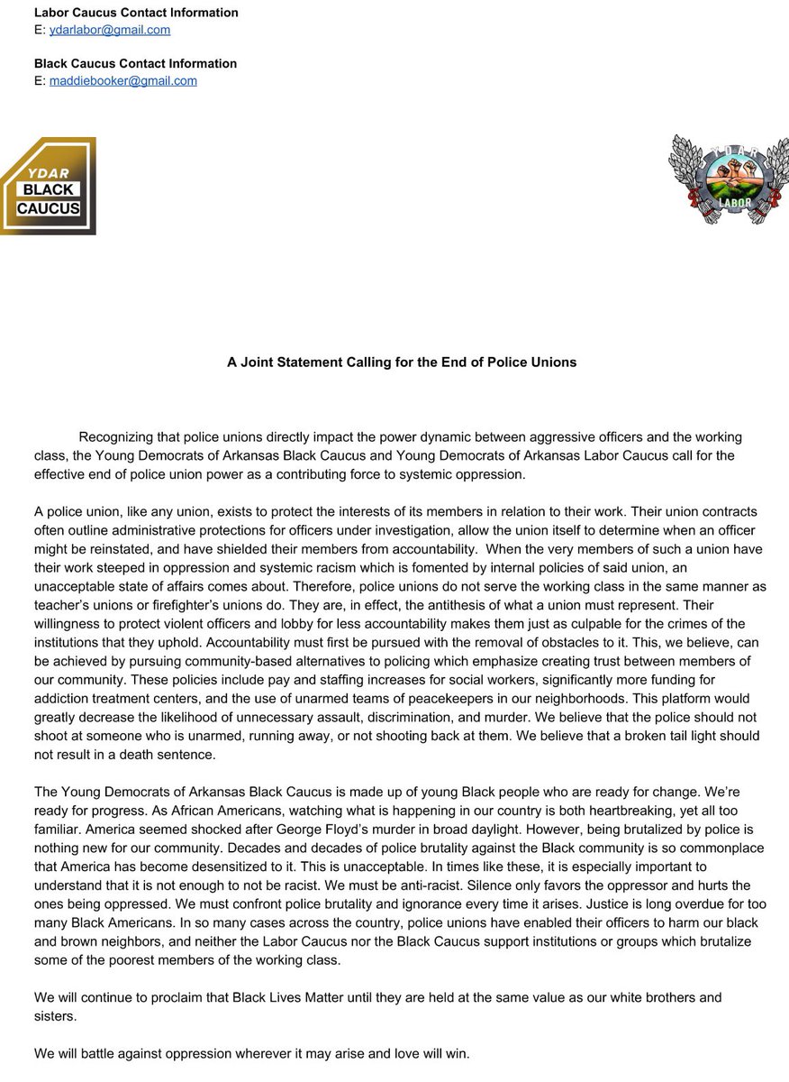 The YDAR Black Caucus and YDAR Labor Caucus have issued a joint statement opposing police unions and their contribution to systemic racism #1U