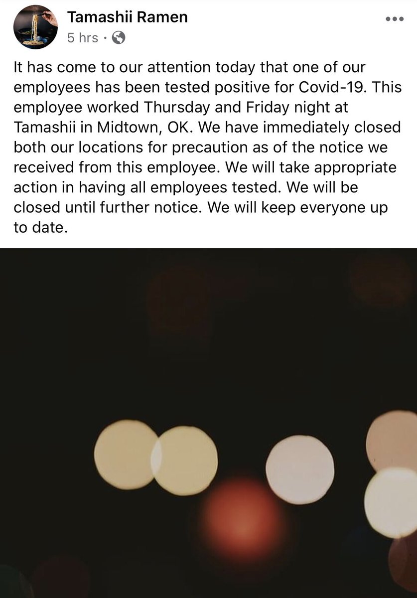 Tamashii Ramen in Midtown OKC says an employee tested positive for COVID-19. Closed until further notice.