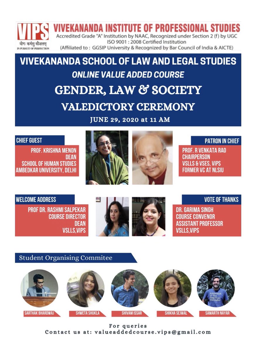 VIPS_Delhi's tweet photo. #VipsDigitalEducation

#VSLLS ,#VIPS Online Value Added Course on
"Gender, Law &amp; Society Valedictory Ceremony". 
29th June, 2020 at 11:00 AM https://t.co/8CDTjvhkHc
