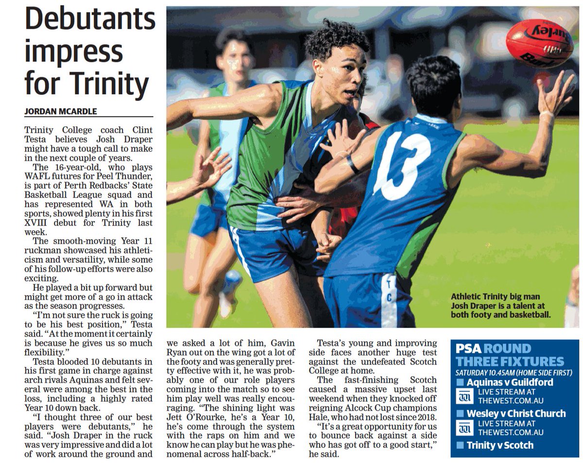 Great to see a number of our 1st XVIII Football team members featured in Saturday's @westaustralian, along with comments from Mr Clint Testa (coach). We look forward to seeing more of the team this Thursday when they play against @GuildfordGramm for the last match of the term!