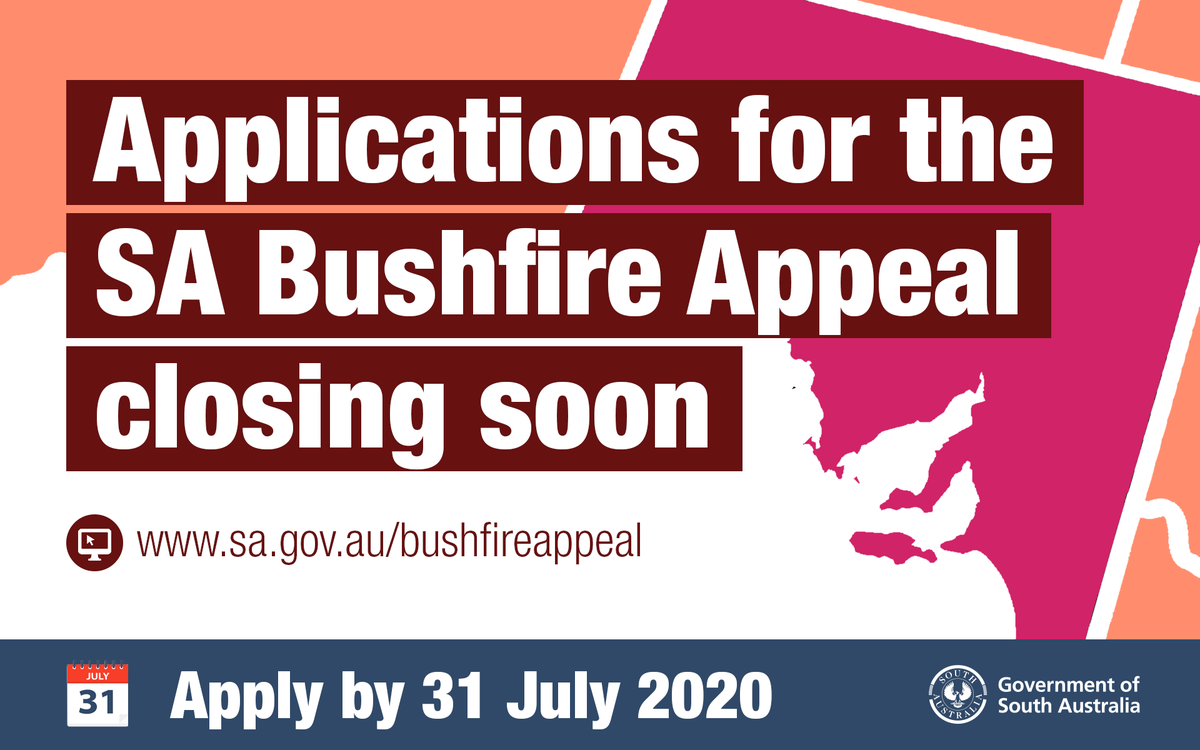 SACOSS's tweet photo. 🚨 Applications closing soon for #SABushfire Appeal

⚠️ Applications for the Community Strength and Resilience Initiative for community groups close FRIDAY 3 JULY

📆 All other applications close Friday 31 July

Apply online at https://t.co/axIjyZjJaG

#BushfireRecoverySA https://t.co/Q1SfhJKstD