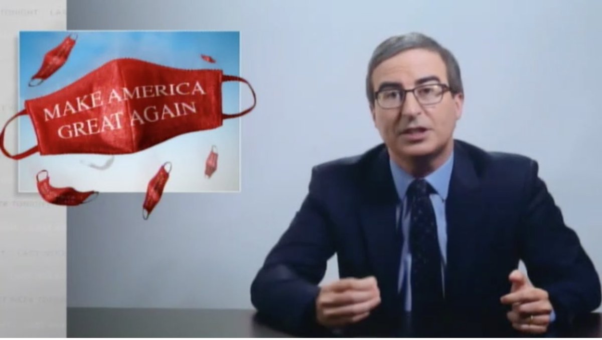 pittgriffin's tweet photo. John Oliver on the GOP failure to market COVID right.  

"You could have printed ‘Make America Great Again’ on a billion red masks and dropped them out of helicopters. People would have worn them! You’re not even capitalizing on a natural disaster correctly, you fucking idiots!” https://t.co/ePbLf3klty