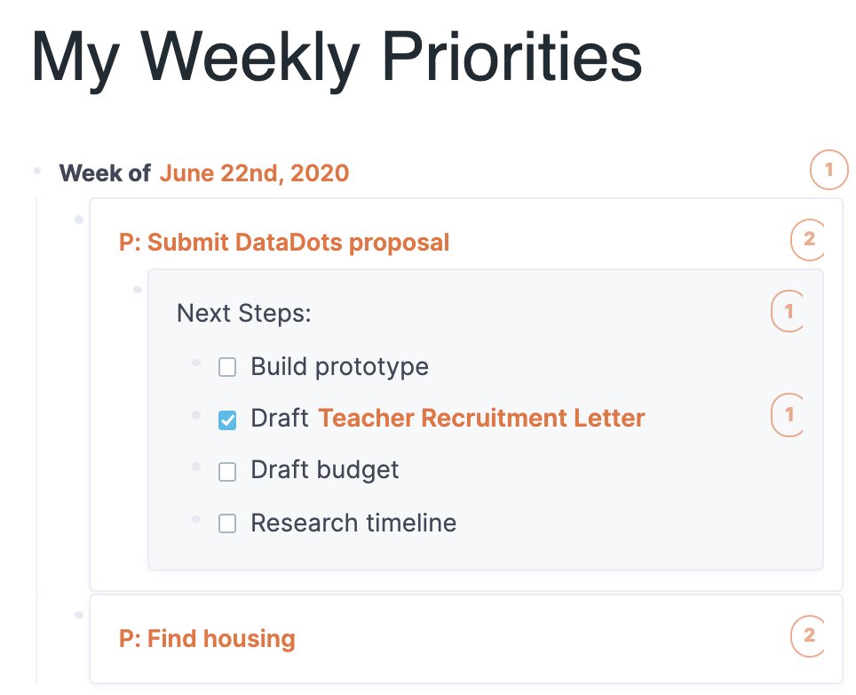 Weekly: Then I set [[Weekly Priorities]]-- the two or three projects that I am choosing to prioritize that week. On the [[Weekly Priorities]] page, I block reference the Next Steps block of each priority project.