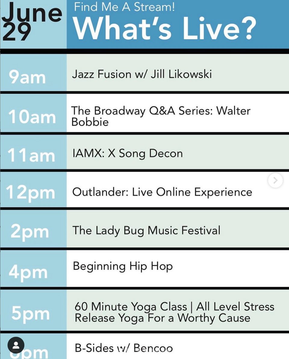 What's #Live Jun 29 
<a href="/jilllinkowski/">Jill Linkowski</a> <a href="/batterydance/">Battery Dance</a> <a href="/playbill/">Playbill</a> <a href="/IAMX/">IAMX</a> @SNKRPMPS <a href="/SneakerPimpsNow/">Sneaker Pimps</a> @wizardworld <a href="/grahammctavish/">.</a> <a href="/lotteverbeek1/">lotte verbeek</a> @ladybugfest <a href="/JMedia_/">JAMILA MUSTAFA</a> @BenNeedhamWood @smuinballet <a href="/Smiletrain/">Smile Train</a> <a href="/YachtRockRevue/">Yacht Rock Revue</a> <a href="/ThatEricAlper/">Eric Alper 🎧</a> 
Daily #LiveStreams #livemusic on <a href="/findmeastream/">Find Me A Stream!</a>